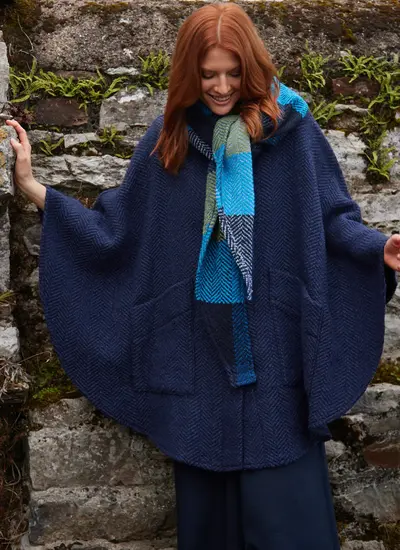Maeve Killybeg Herringbone Cape with Hood in Killybegs Indigo
